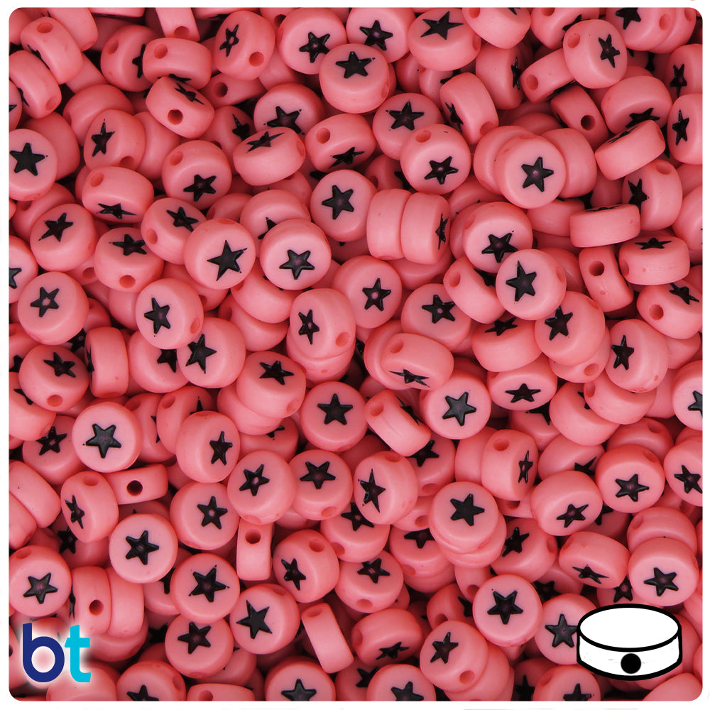 Light Pink Opaque 7mm Coin Alpha Beads - Black Stars (250pcs)