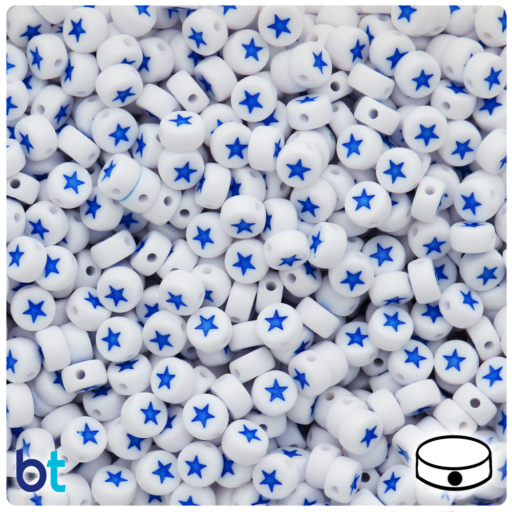 White Opaque 7mm Coin Alpha Beads - Blue Stars (250pcs)