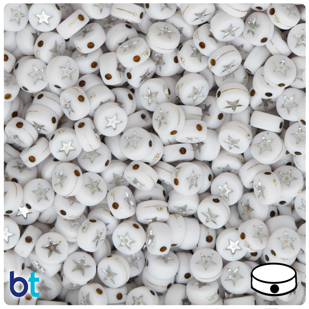 White Opaque 7mm Coin Alpha Beads - Silver Stars (250pcs)