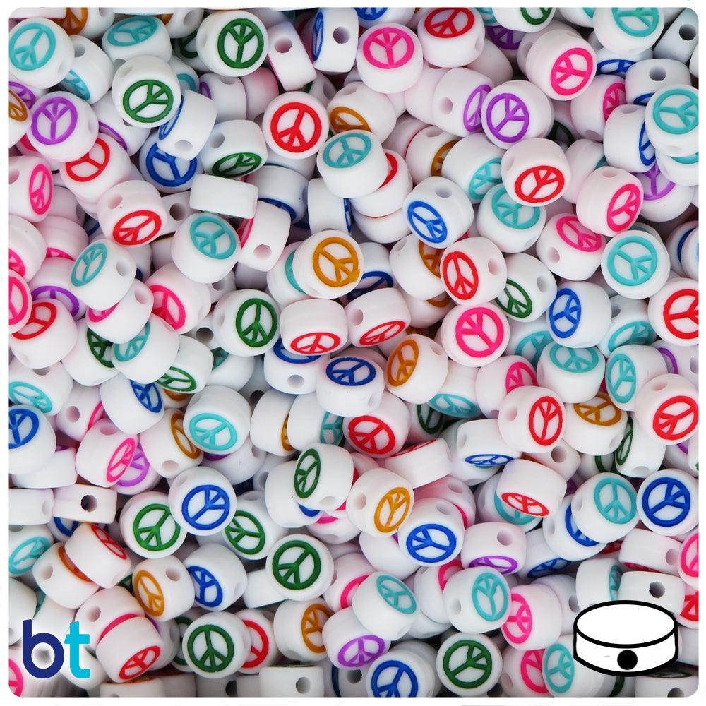 White Opaque 7mm Coin Alpha Beads - Colored Peace Sign (250pcs)