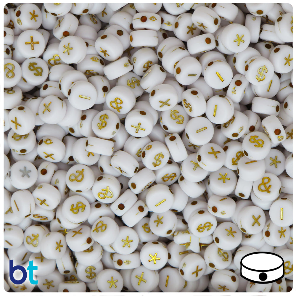 White Opaque 7mm Coin Alpha Beads - Gold Math (250pcs)