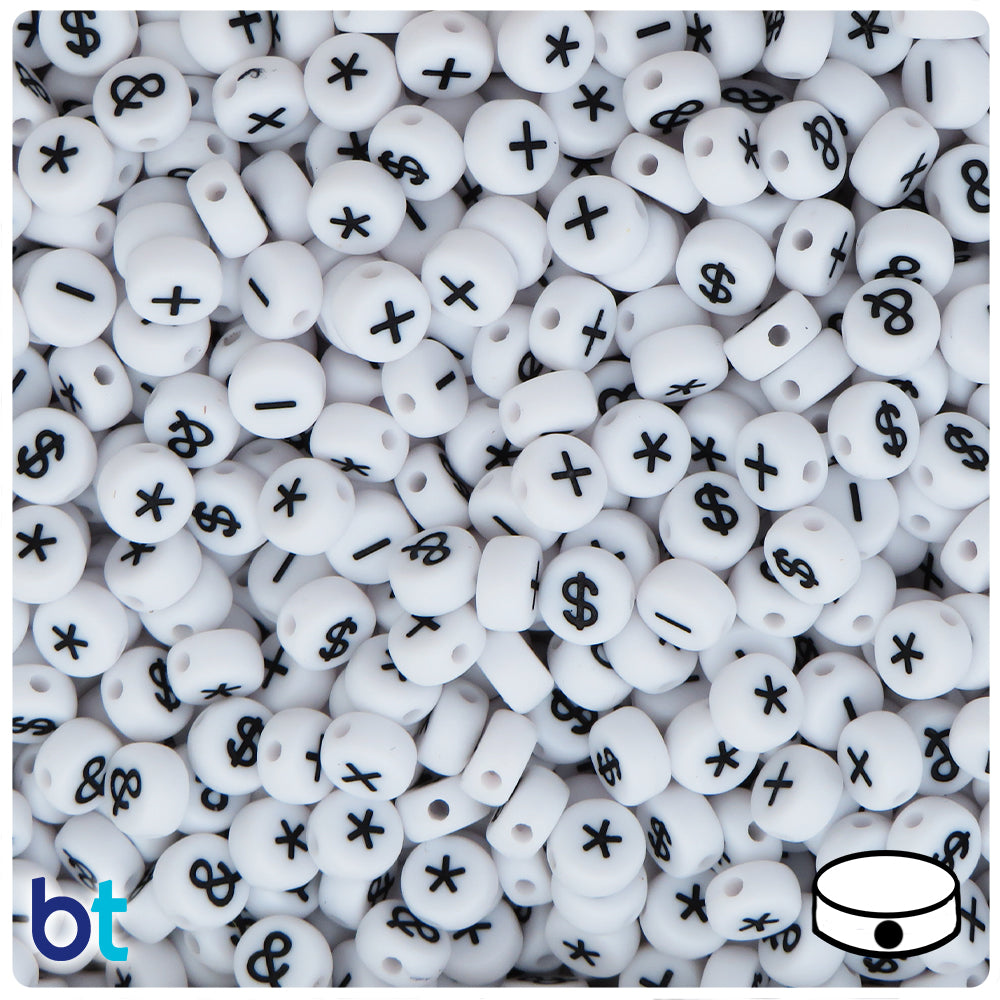 White Opaque 7mm Coin Alpha Beads - Black Math (250pcs)