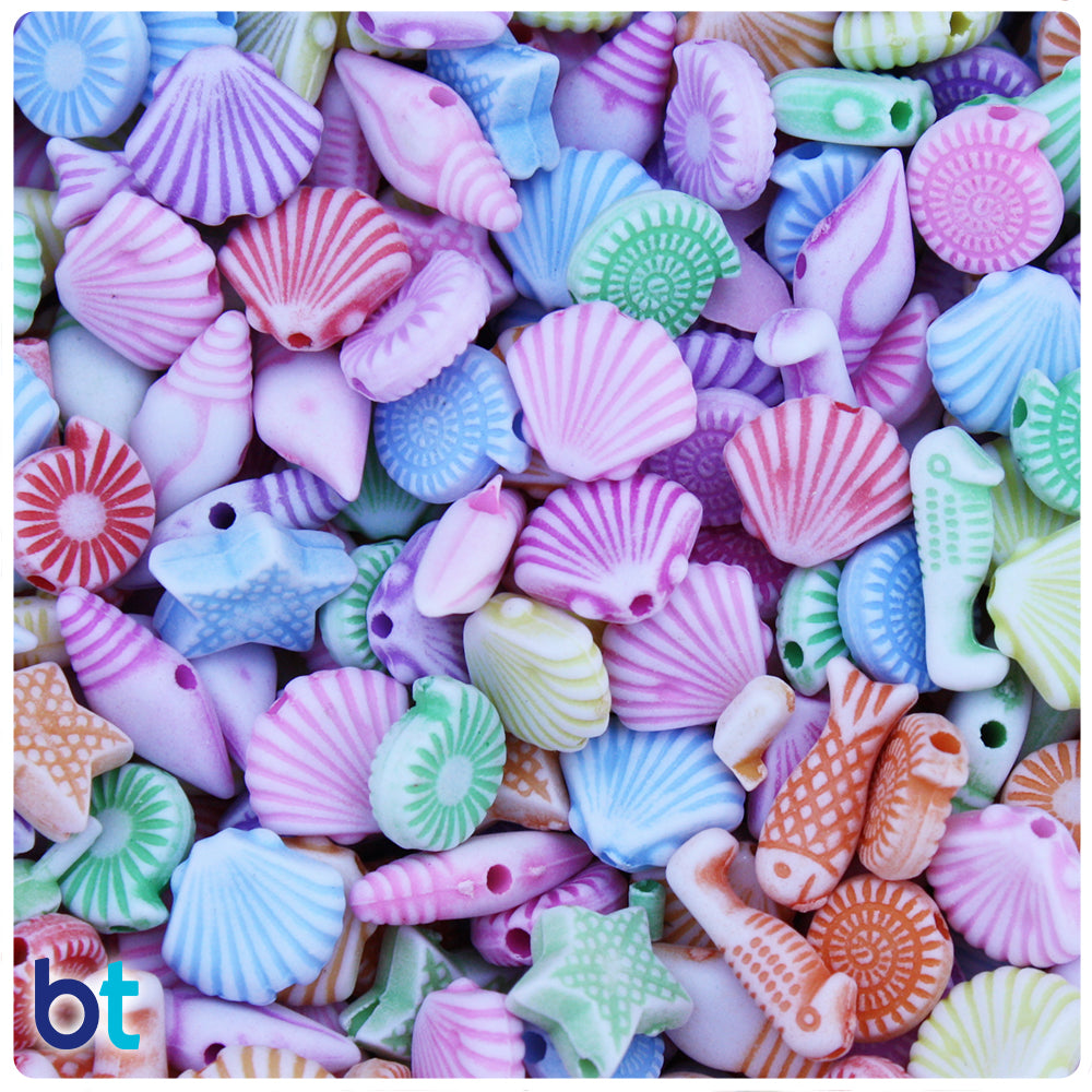 White Opaque 10mm Sea Life Miniature Mix Plastic Beads - Colored Details (50g)