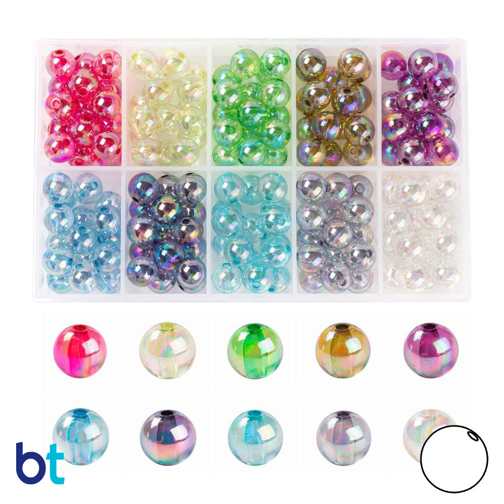 Transparent AB 12mm Round Plastic Beads (Box/10 Colors)