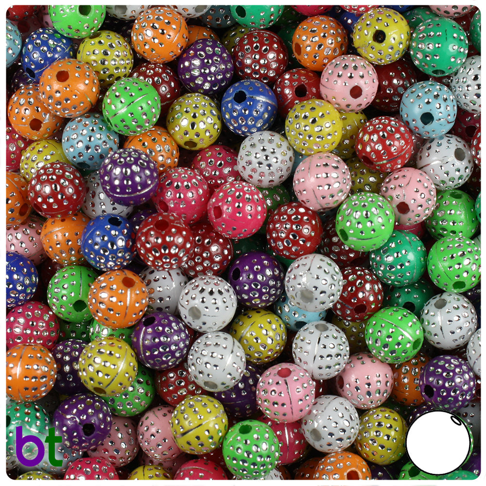 Mixed Opaque 8mm Round Plastic Beads - Silver Dots (150pcs)
