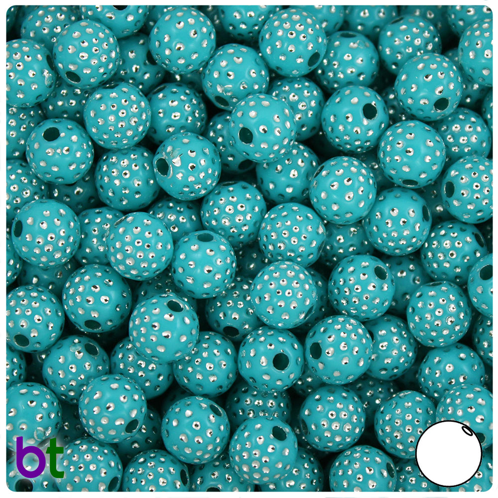 Turquoise Opaque 10mm Round Plastic Beads - Silver Dots (100pcs)