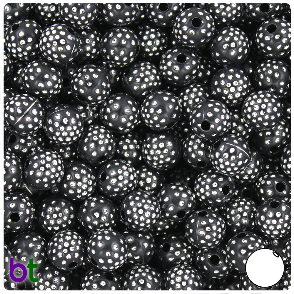Black Opaque 10mm Round Plastic Beads - Silver Dots (100pcs)
