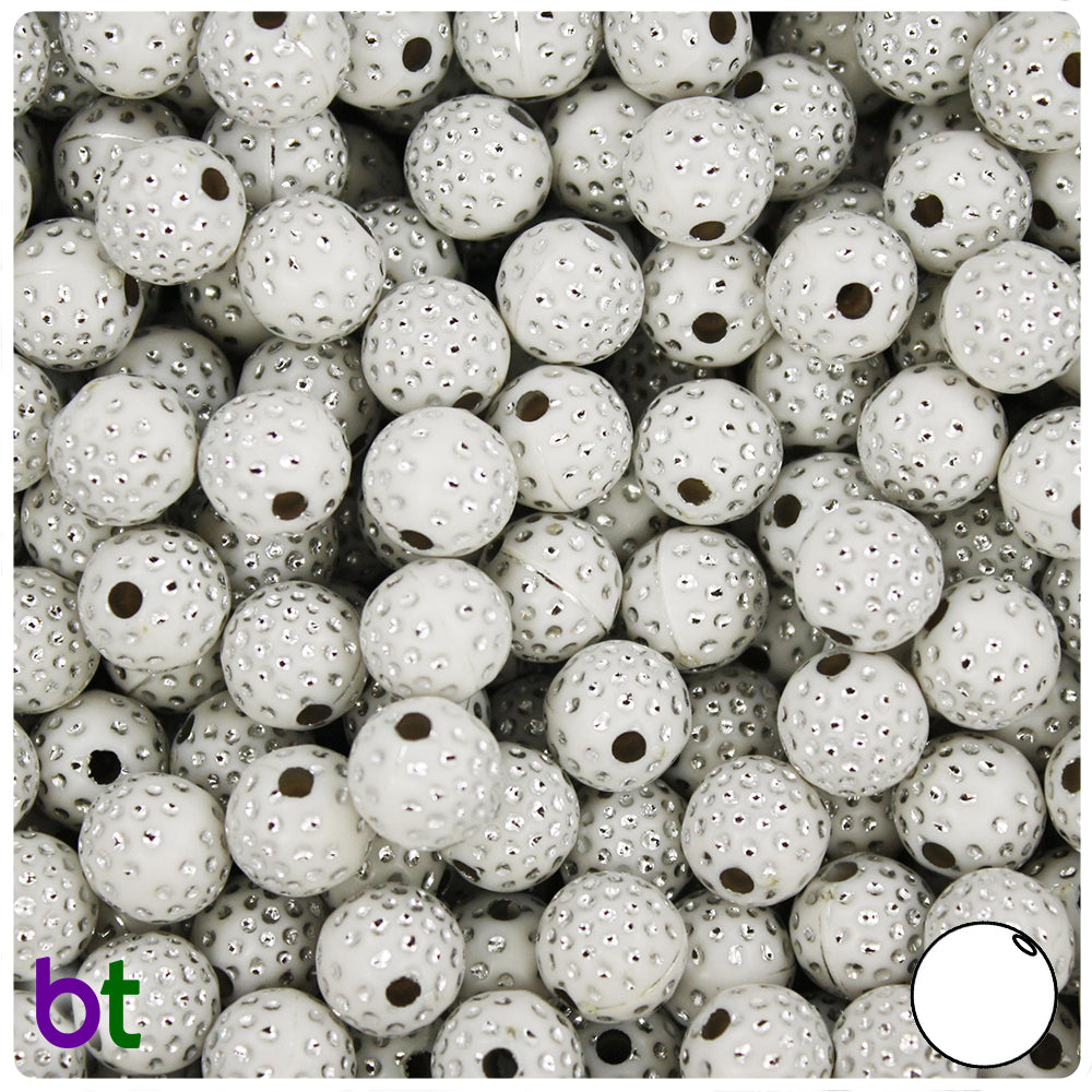 White Opaque 10mm Round Plastic Beads - Silver Dots (100pcs)