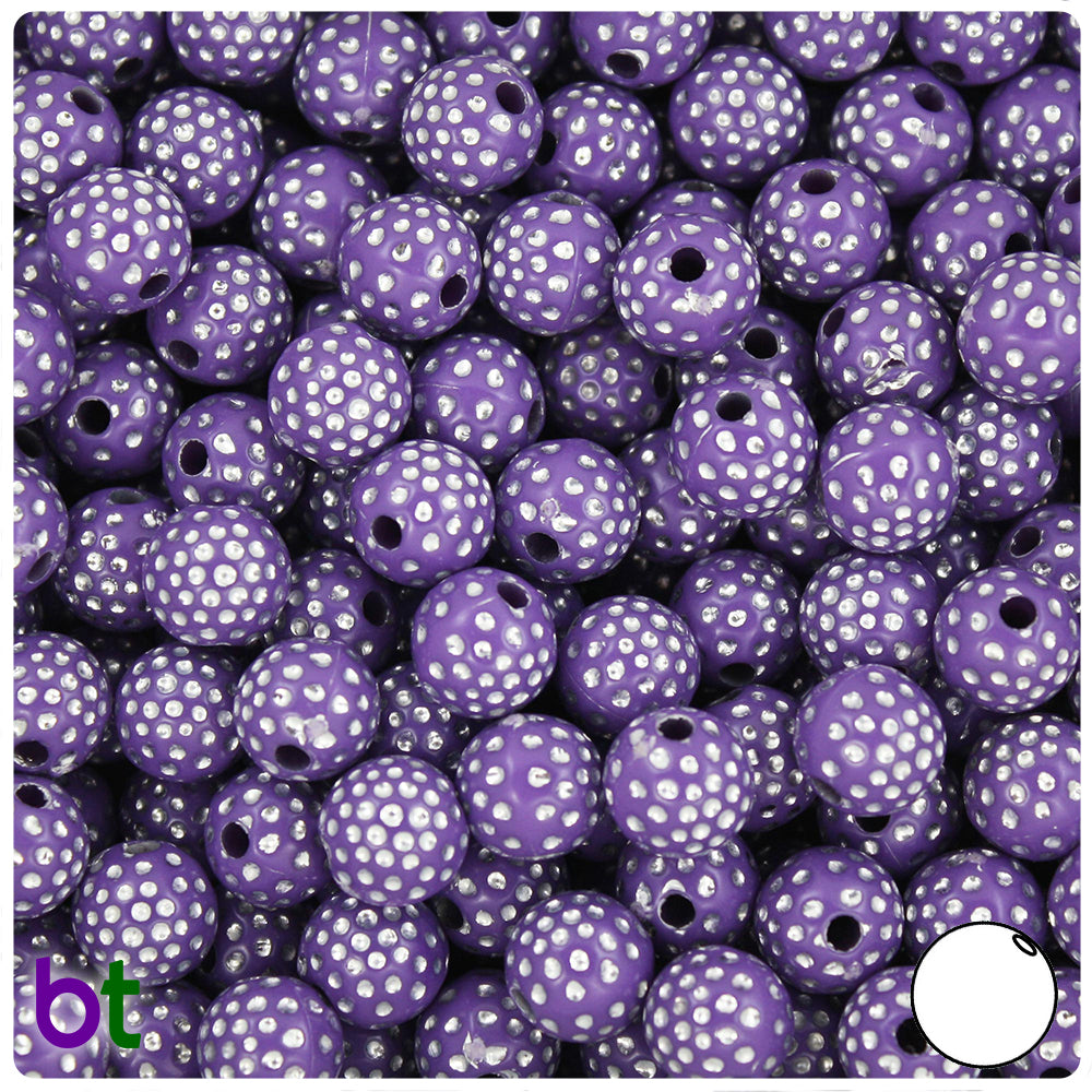 Dark Purple Opaque 10mm Round Plastic Beads - Silver Dots (100pcs)