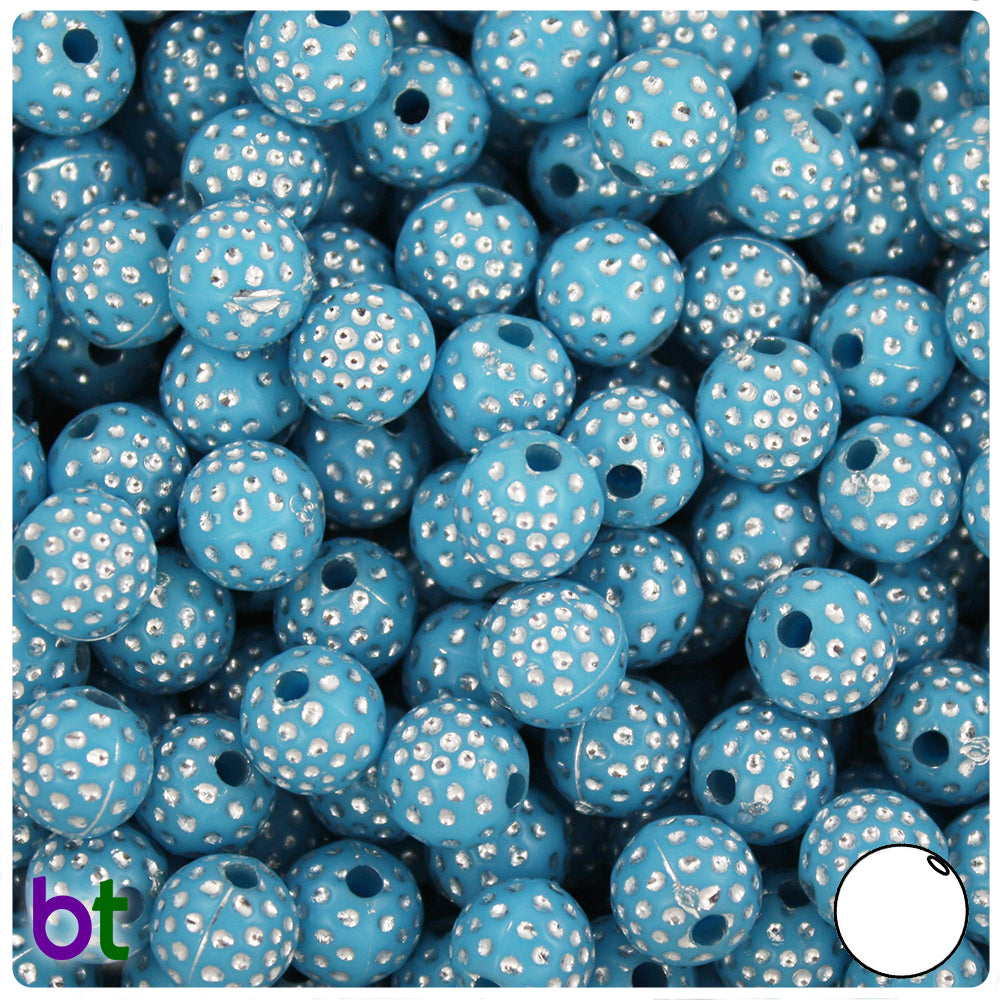 Light Blue Opaque 10mm Round Plastic Beads - Silver Dots (100pcs)