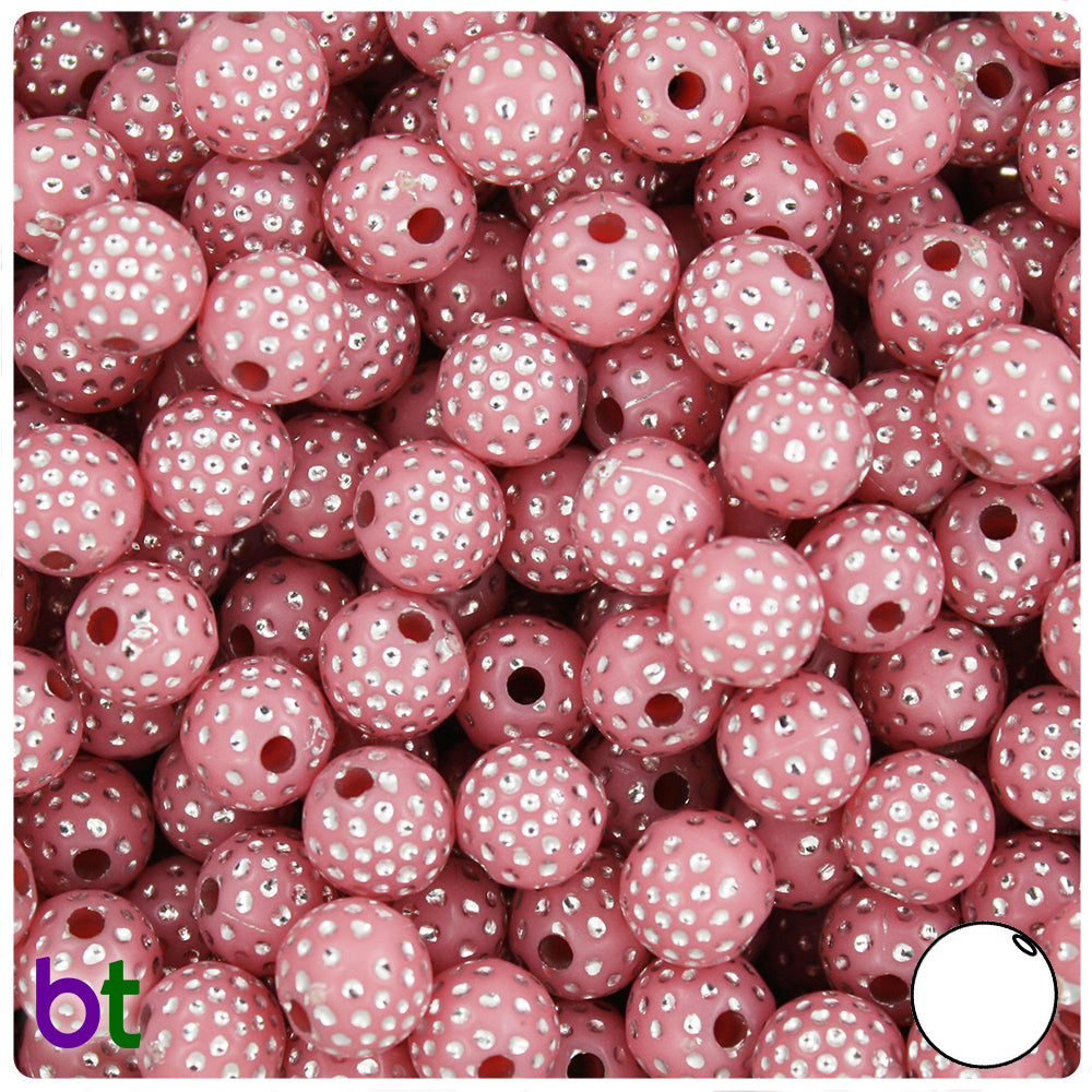 Light Pink Opaque 10mm Round Plastic Beads - Silver Dots (100pcs)