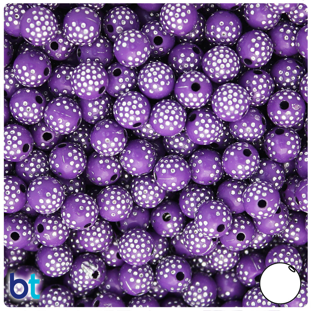 Dark Purple Opaque 8mm Round Plastic Beads - Silver Dots (150pcs)