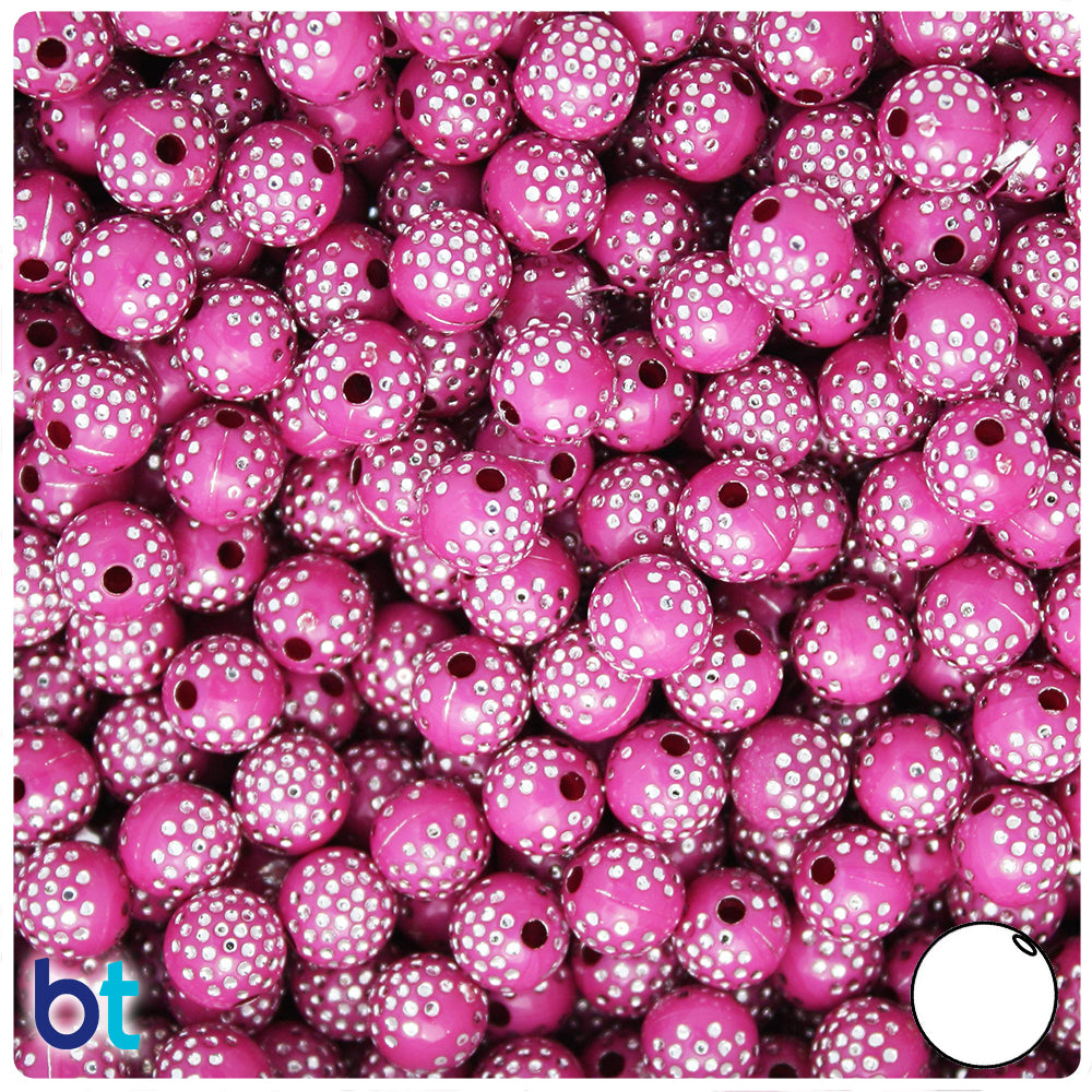 Deep Pink Opaque 8mm Round Plastic Beads - Silver Dots (150pcs)