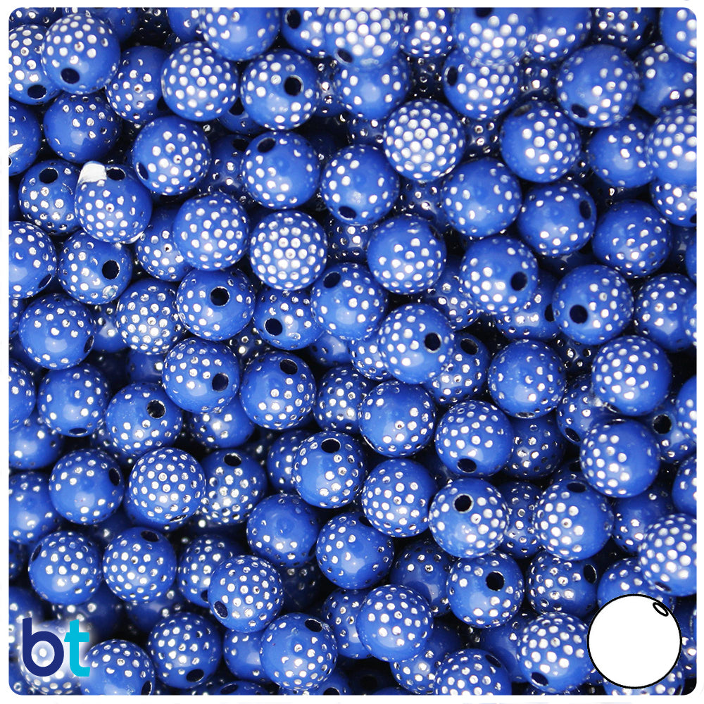Dark Blue Opaque 8mm Round Plastic Beads - Silver Dots (150pcs)
