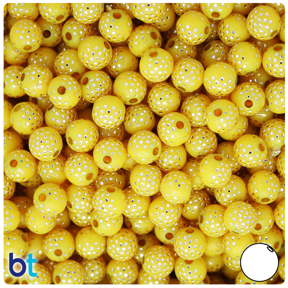 Yellow Opaque 8mm Round Plastic Beads - Silver Dots (150pcs)
