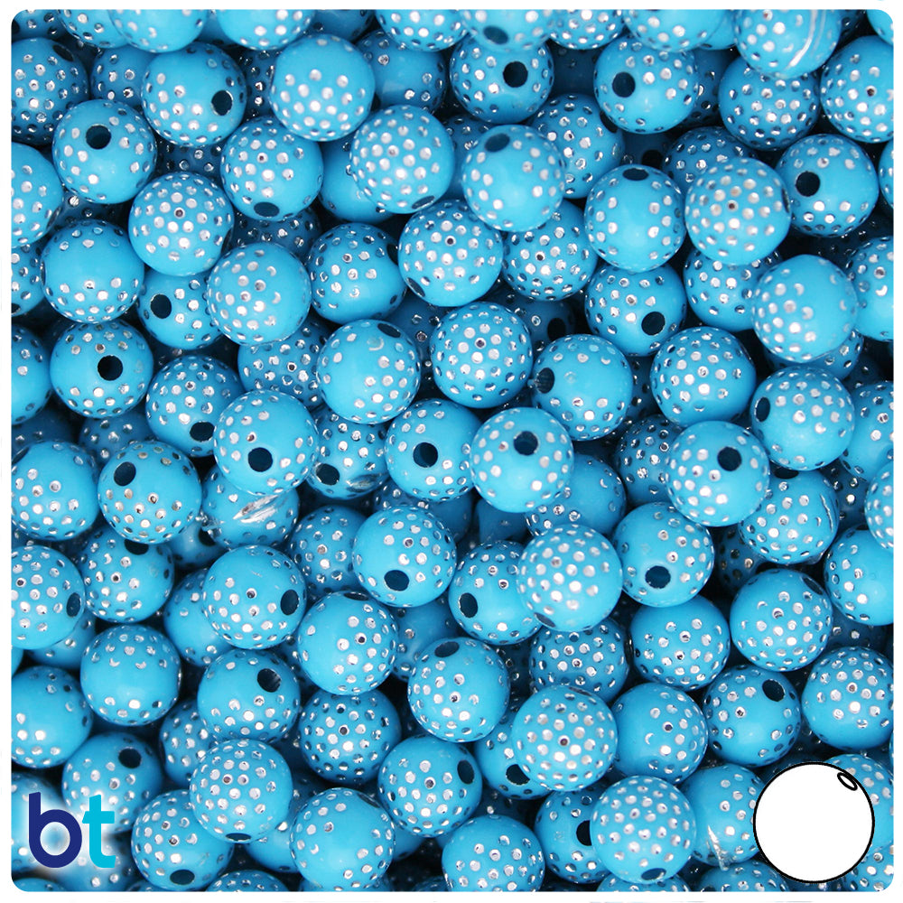 Light Blue Opaque 8mm Round Plastic Beads - Silver Dots (150pcs)