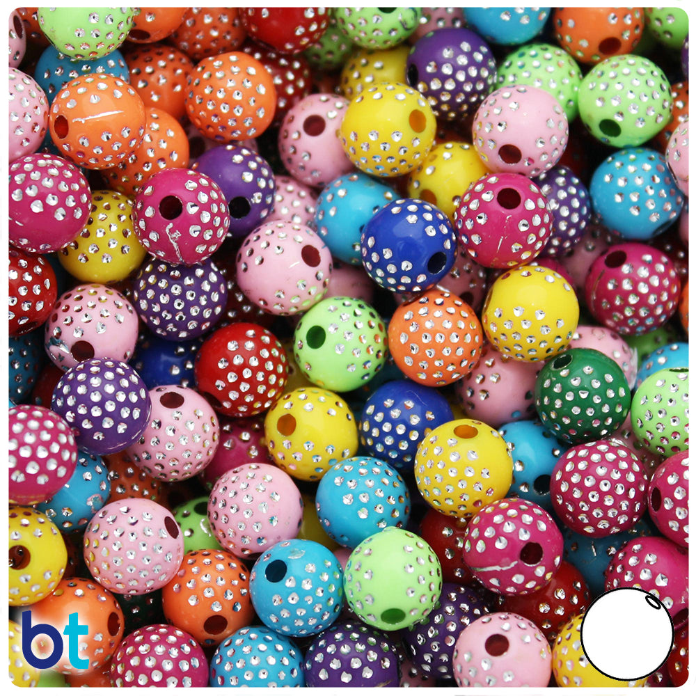 Mixed Opaque 10mm Round Plastic Beads - Silver Dots (100pcs)