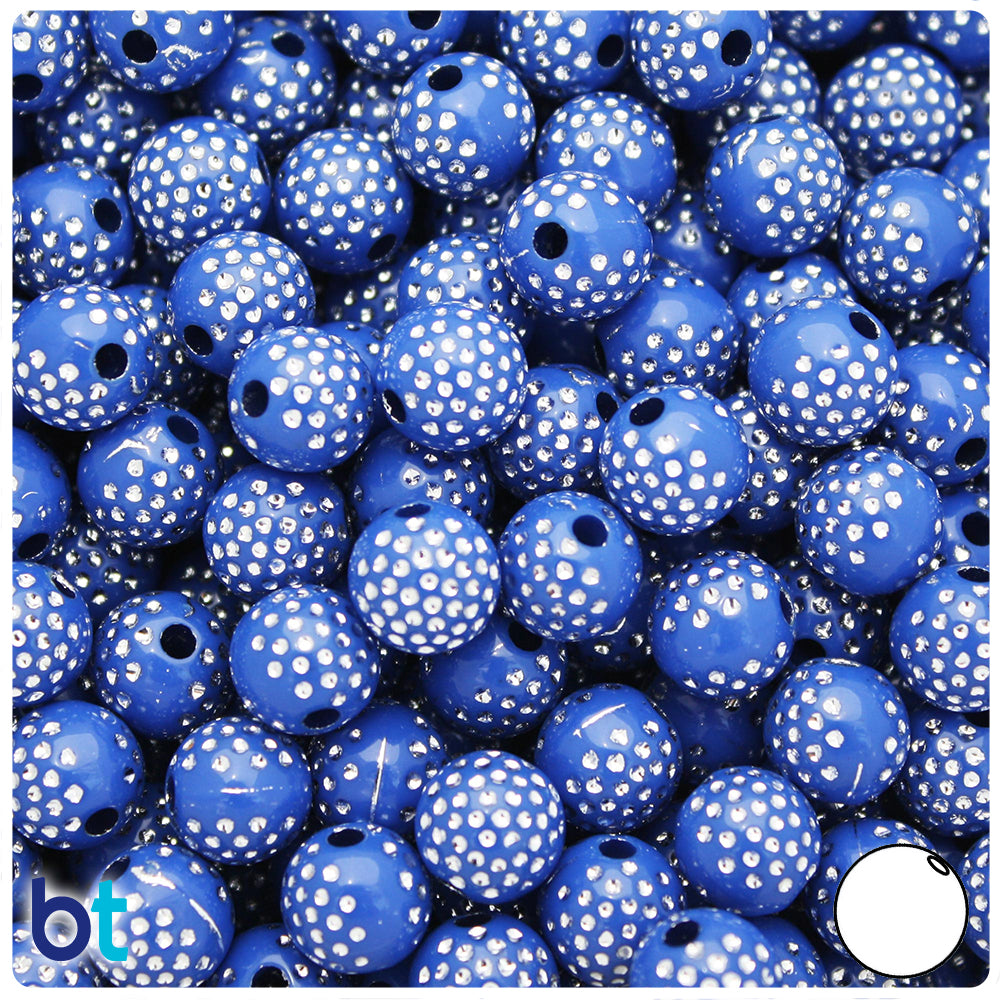 Dark Blue Opaque 10mm Round Plastic Beads - Silver Dots (100pcs)