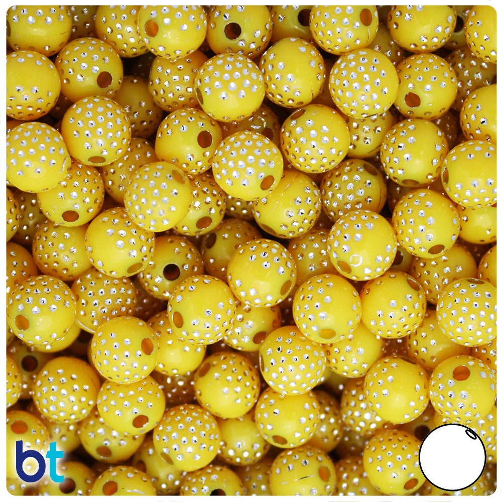 Yellow Opaque 10mm Round Plastic Beads - Silver Dots (100pcs)