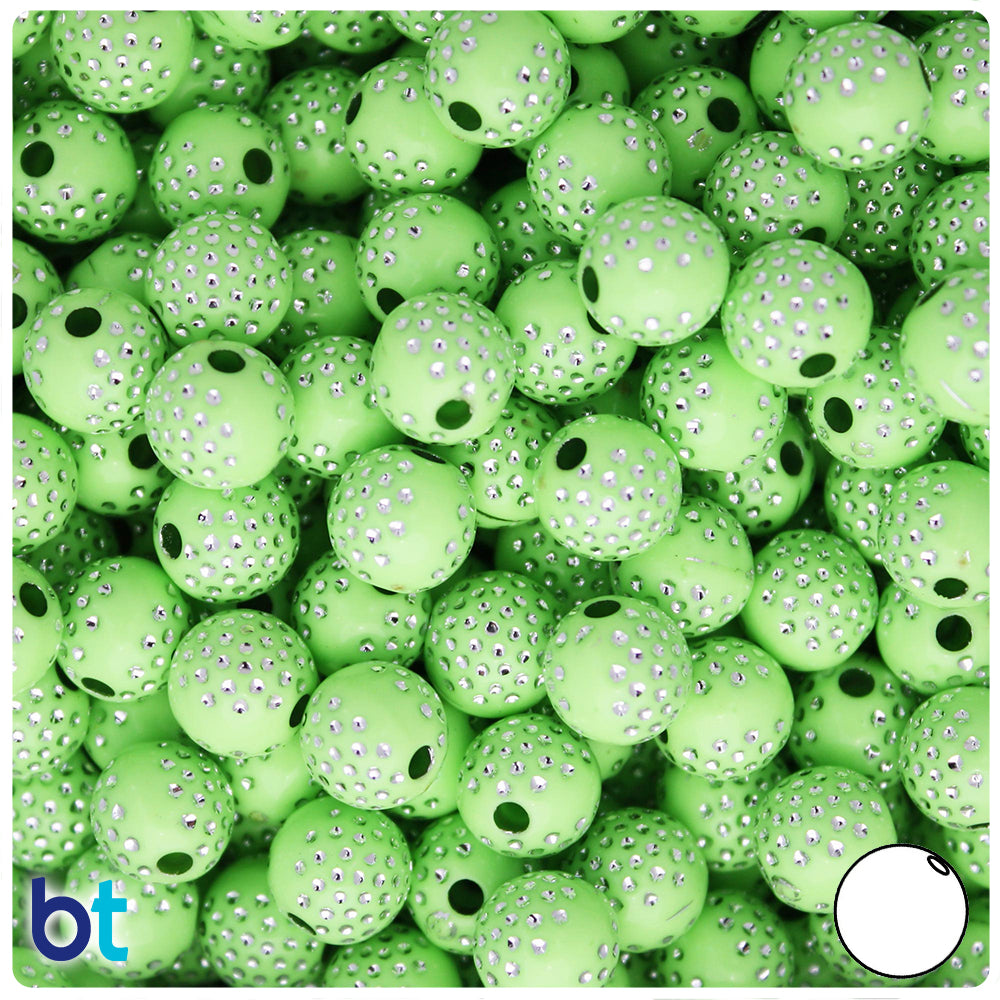 Light Green Opaque 10mm Round Plastic Beads - Silver Dots (100pcs)