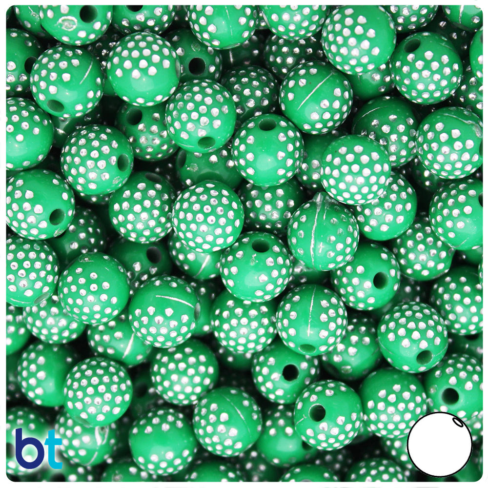 Dark Green Opaque 10mm Round Plastic Beads - Silver Dots (100pcs)