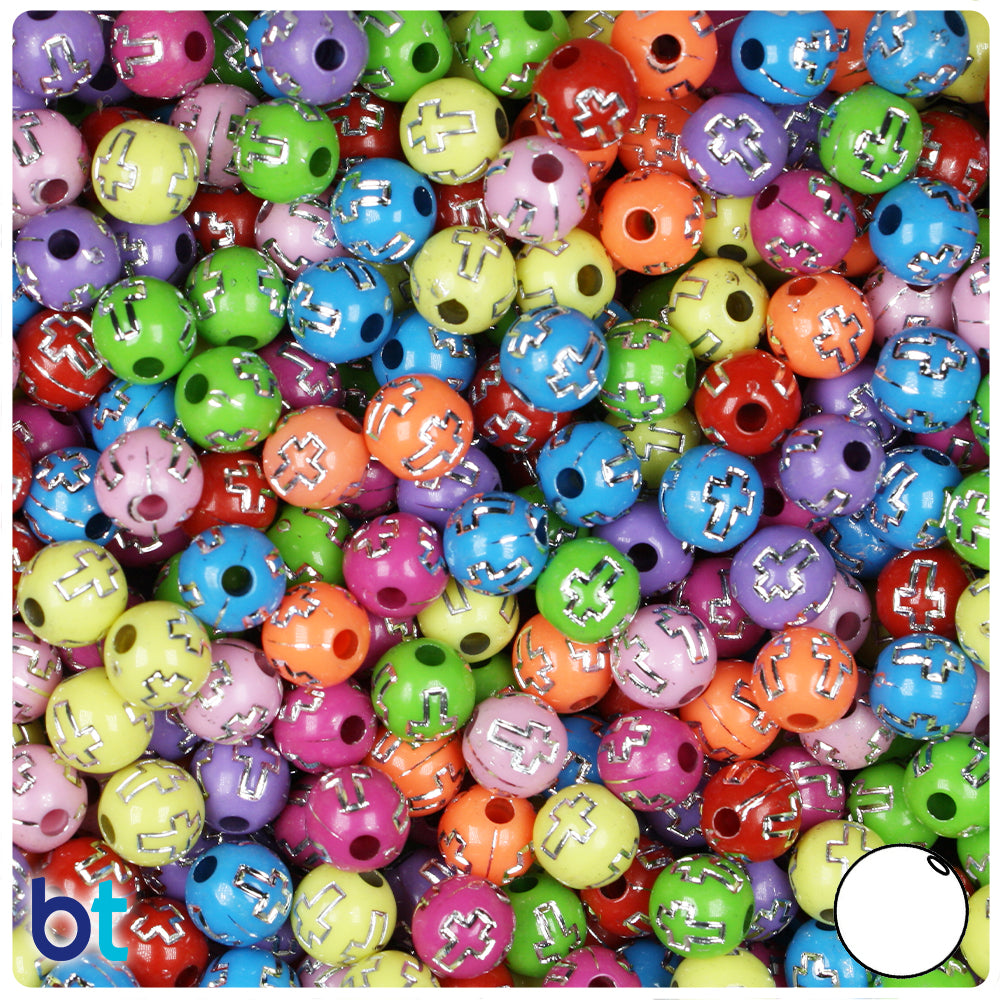 Mixed Opaque 8mm Round Plastic Beads - Silver Crosses (150pcs)