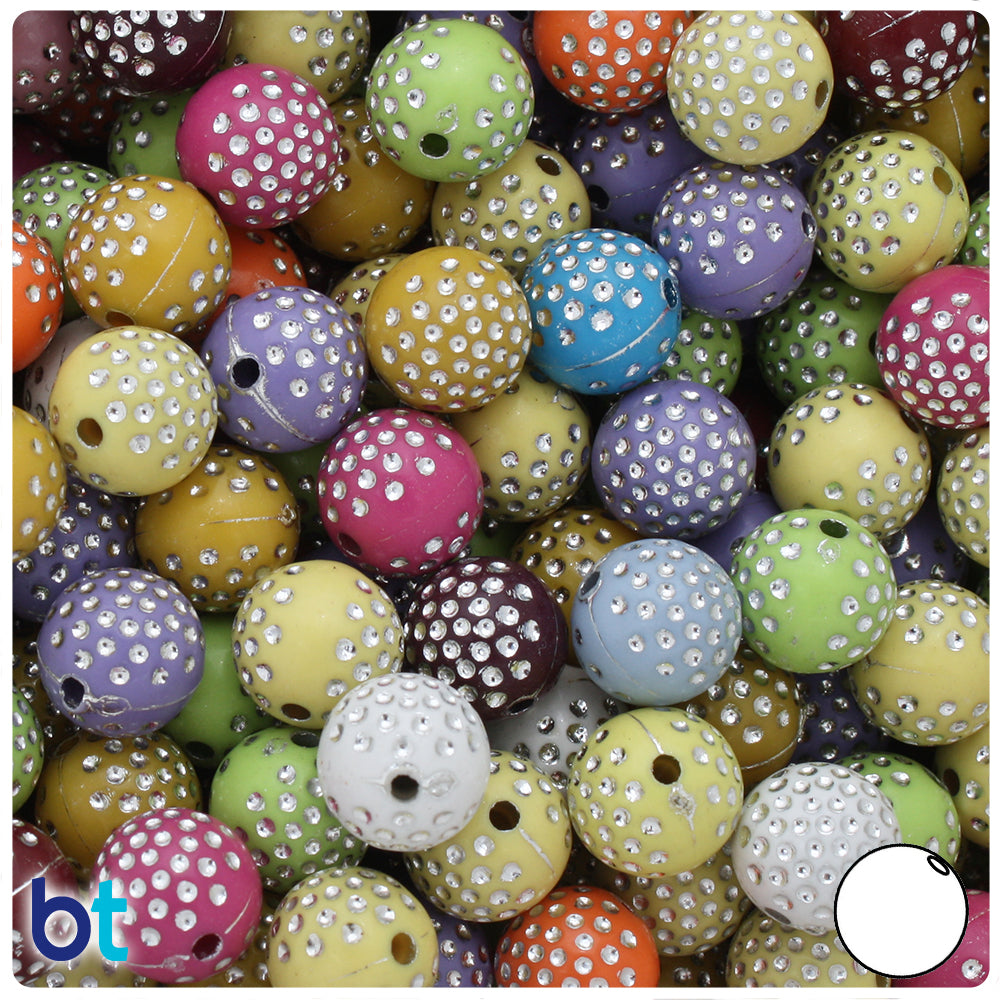 Pastel Opaque Mix 12mm Round Plastic Beads - Silver Dots (75pcs)
