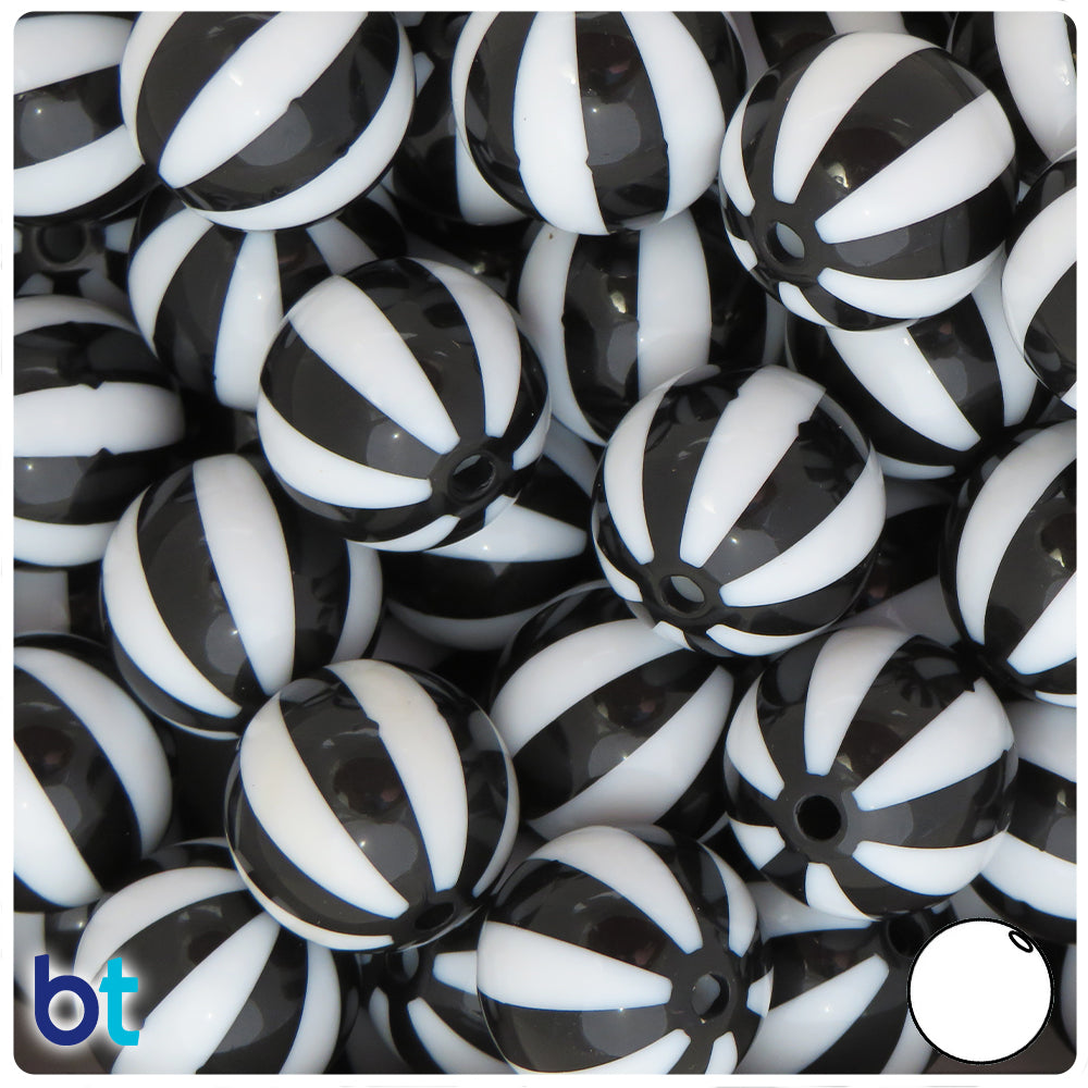 Black Opaque 20mm Round Plastic Beads - White Beach Ball Stripes (10pcs)