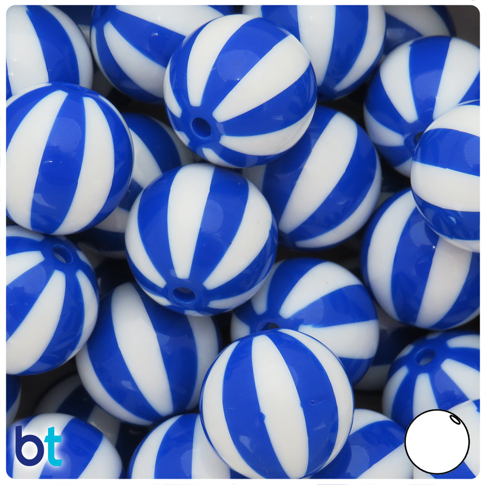 Dark Blue Opaque 20mm Round Plastic Beads - White Beach Ball Stripes (10pcs)