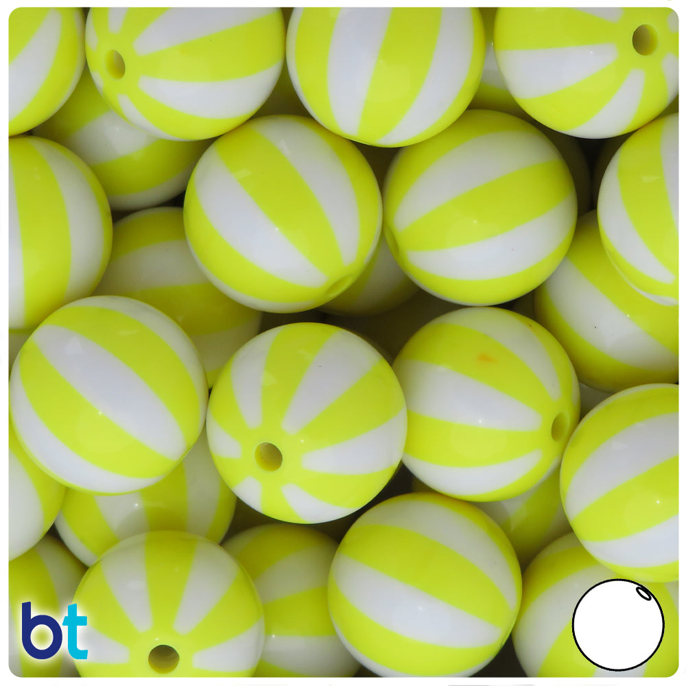 Yellow Opaque 20mm Round Plastic Beads - White Beach Ball Stripes (10pcs)