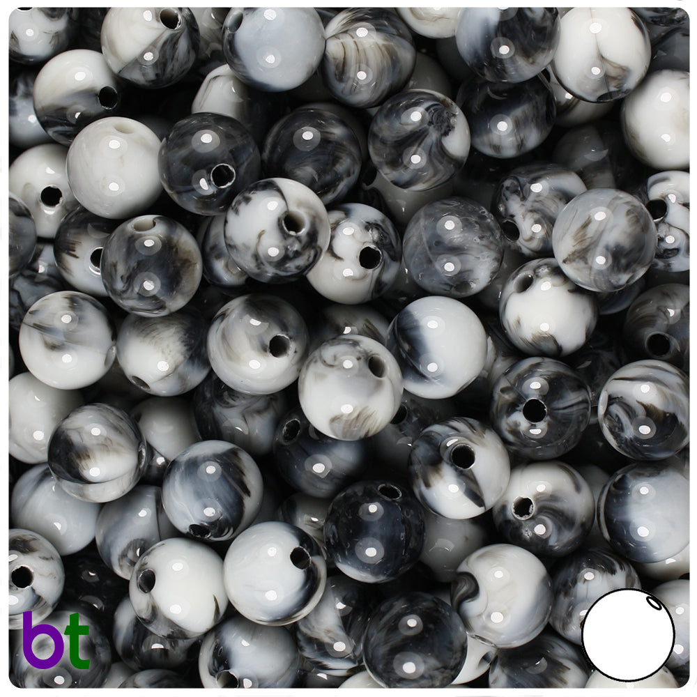 Black Marbled 10mm Round Plastic Beads (100pcs)