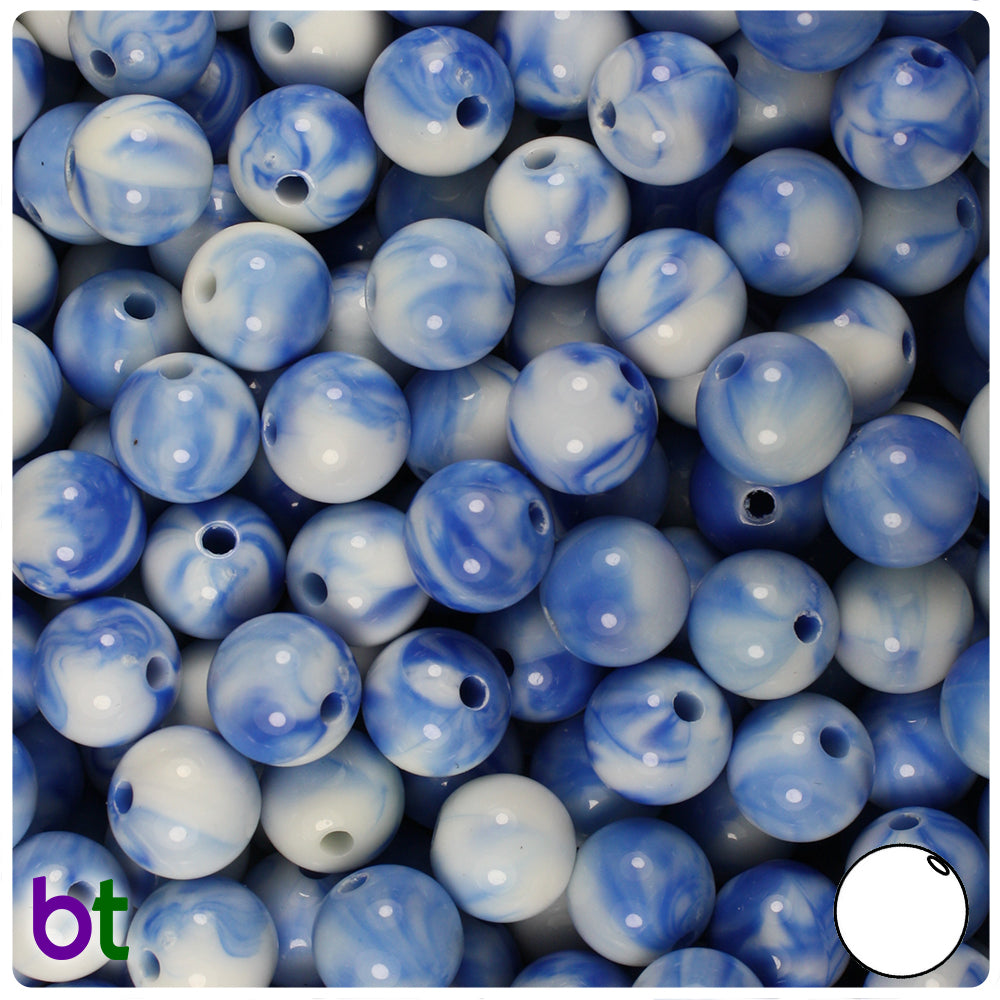 Blue Marbled 10mm Round Plastic Beads (100pcs)