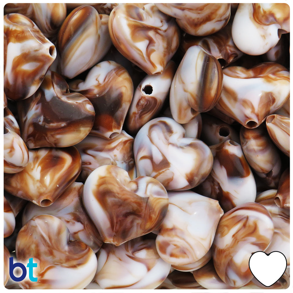 Brown Marbled 23mm Heart Plastic Beads (24pcs)