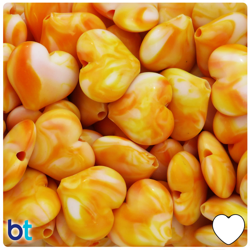Orange Marbled 23mm Heart Plastic Beads (24pcs)