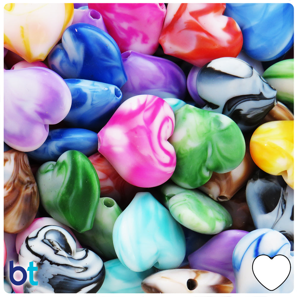 Marbled Mix 23mm Heart Plastic Beads (24pcs)