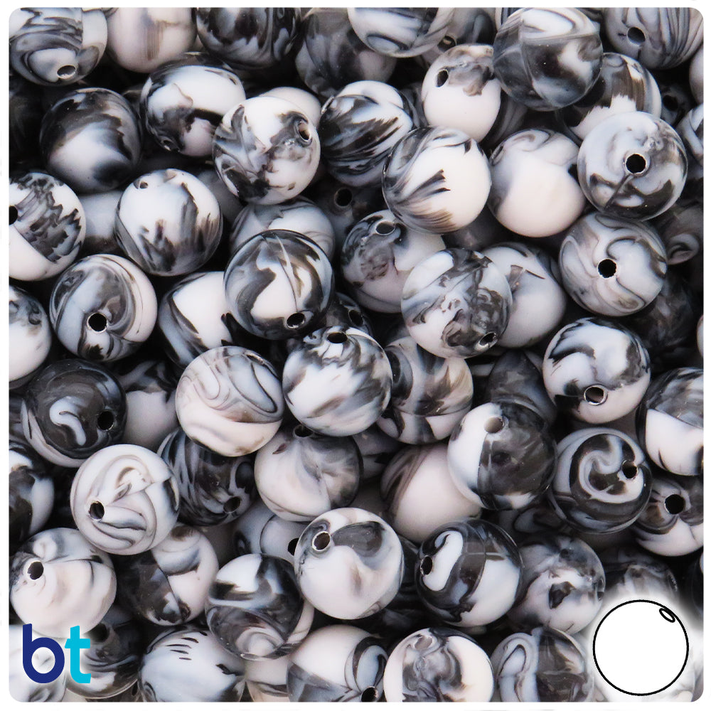 Black Marbled 12mm Round Plastic Beads (75pcs)