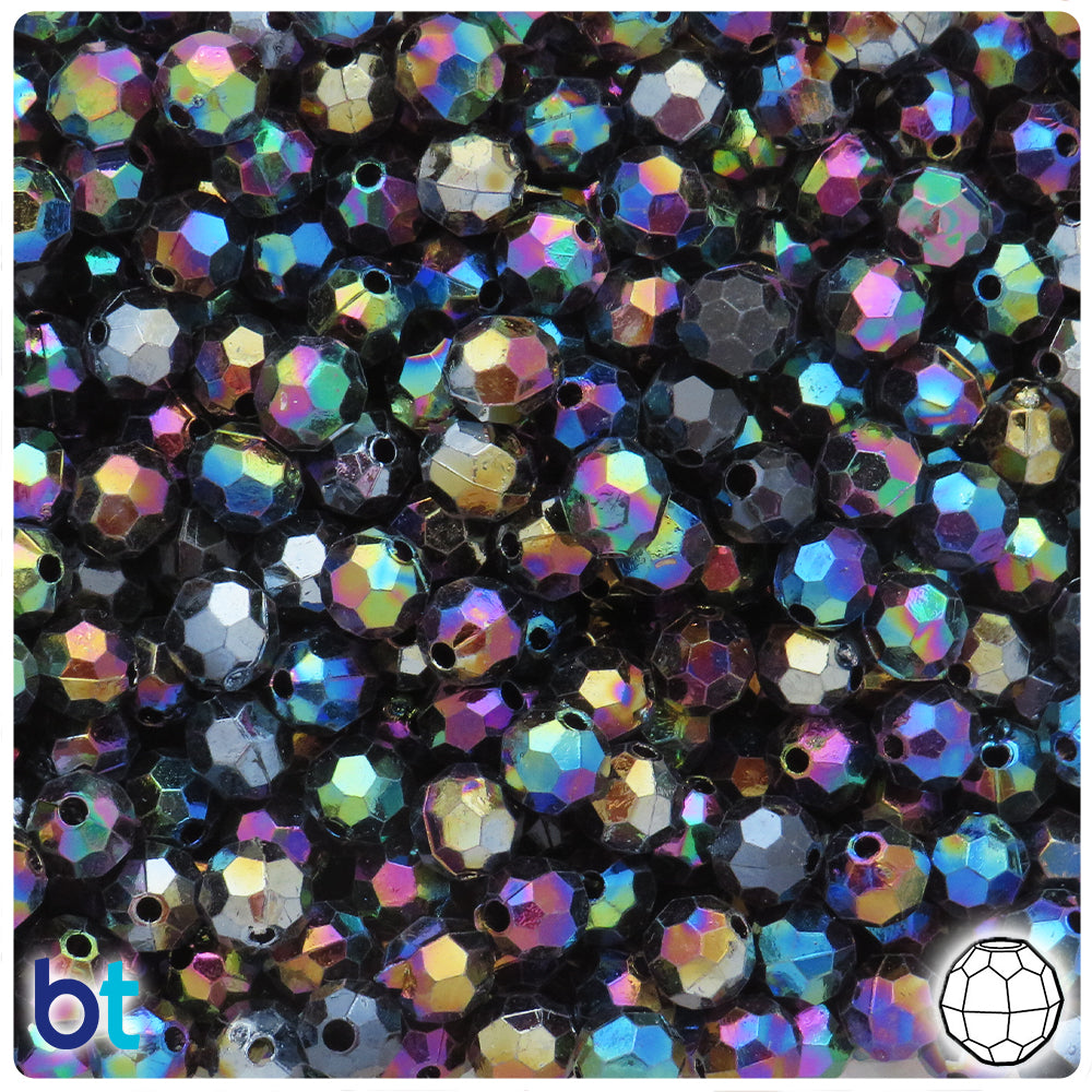 Black Opaque AB 8mm Faceted Round Plastic Beads (200pcs)