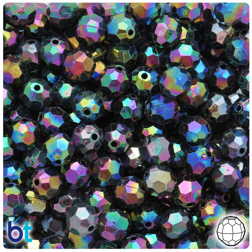 Black Opaque AB 10mm Faceted Round Plastic Beads (100pcs)