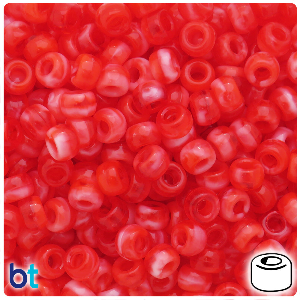 Red Marbled 9x6mm Barrel Pony Beads (300pcs)