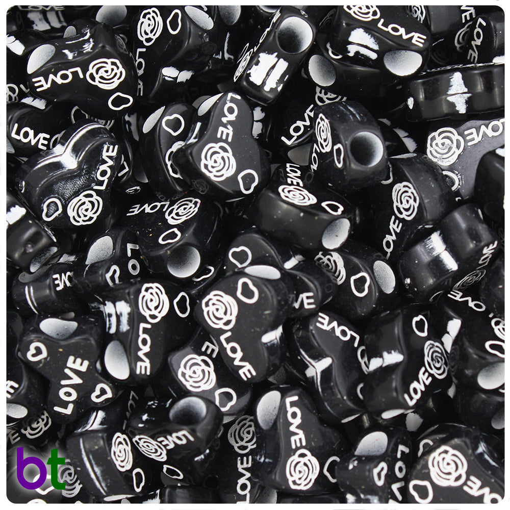 Black Opaque 14mm Heart Alpha Beads - White Love (50pcs)