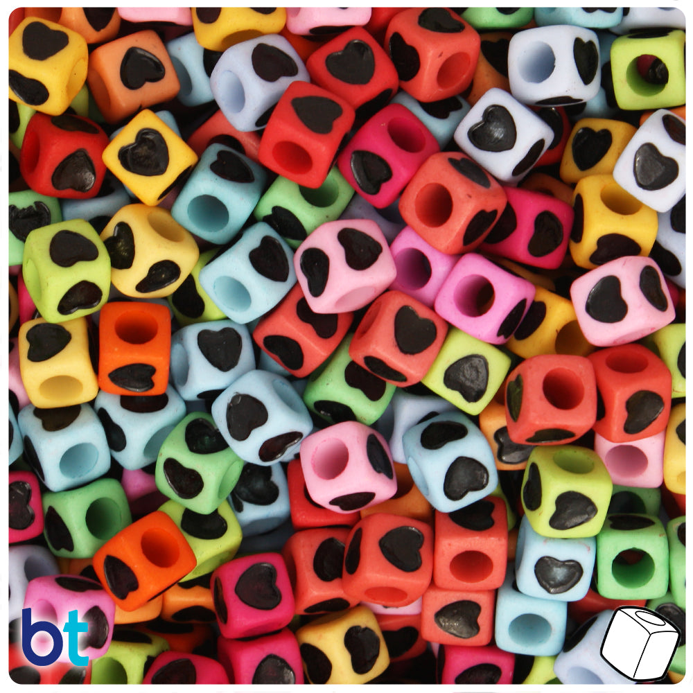 Mixed Matte 7mm Cube Alpha Beads - Black Hearts (150pcs)
