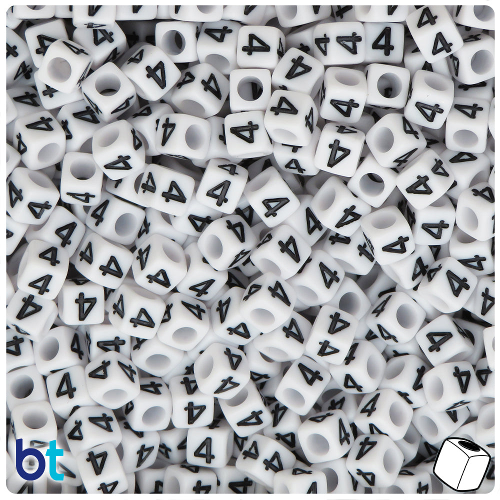 White Opaque 6mm Cube Alpha Beads - Black Number 4 (80pcs)