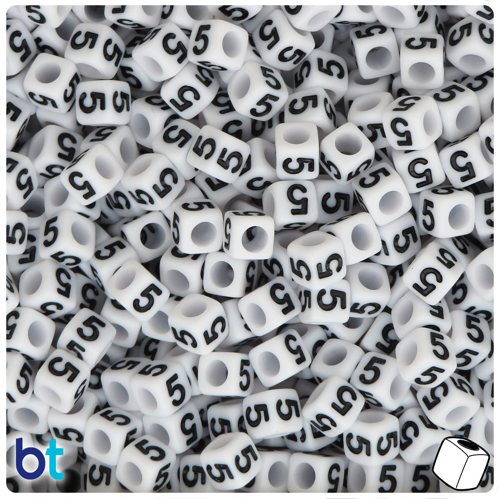 White Opaque 6mm Cube Alpha Beads - Black Number 5 (80pcs)