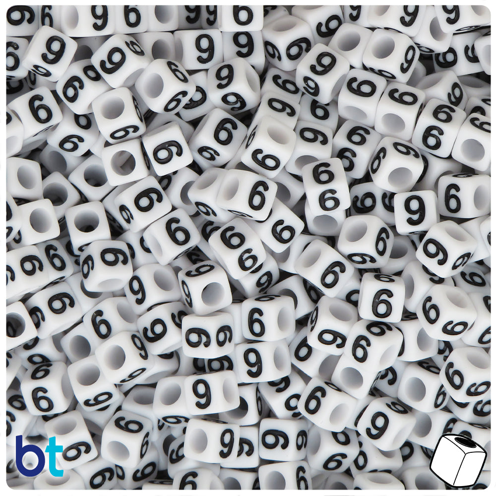 White Opaque 6mm Cube Alpha Beads - Black Number 6 or 9 (80pcs)