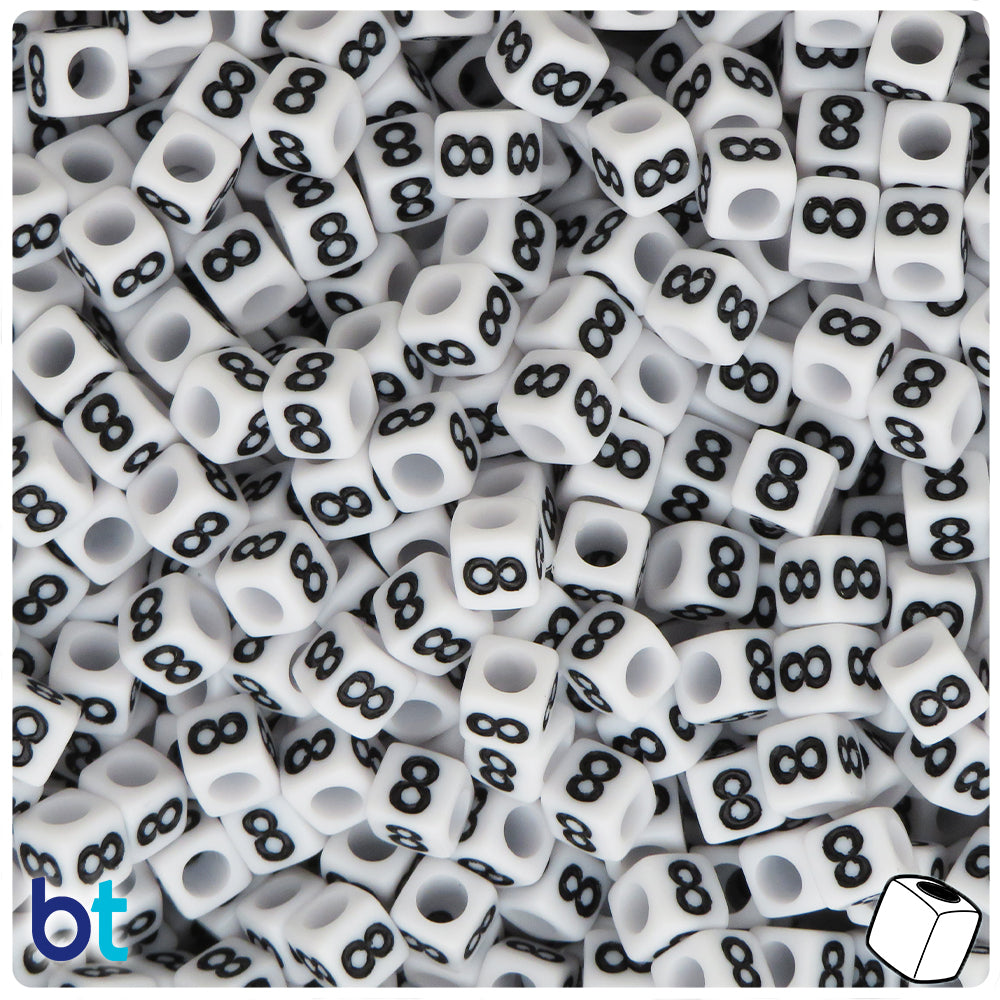White Opaque 6mm Cube Alpha Beads - Black Number 8 (80pcs)