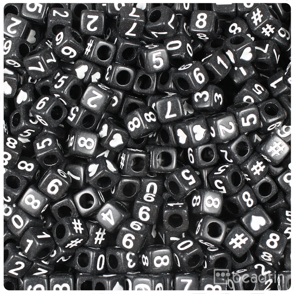 Black Opaque 6mm Cube Alpha Beads - White Number Mix (200pcs)