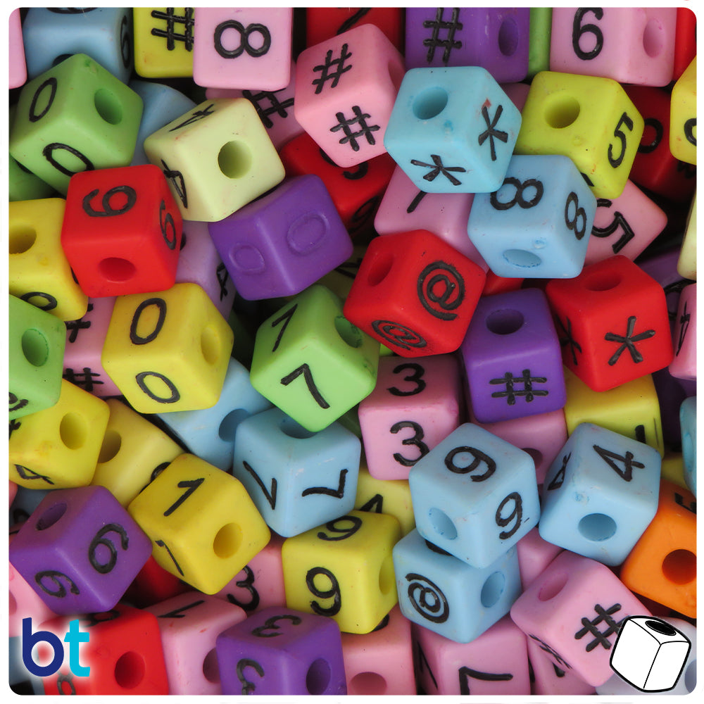 Mixed Opaque 10mm Cube Alpha Beads - Black Number Mix (50pcs)