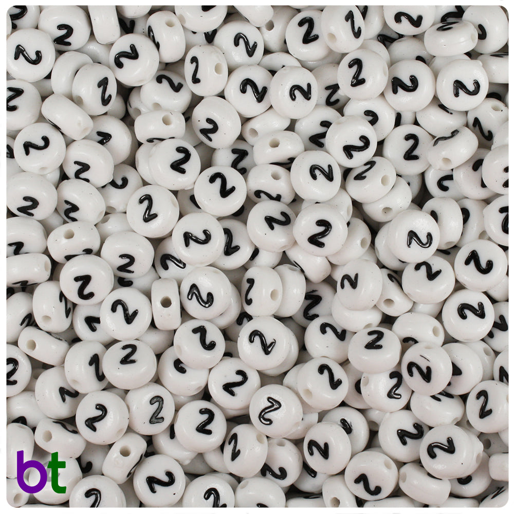 White Opaque 7mm Coin Alpha Beads - Black Number 2 (100pcs)