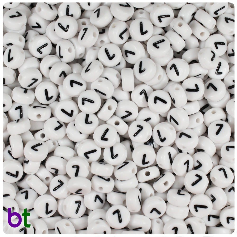White Opaque 7mm Coin Alpha Beads - Black Number 7 (100pcs)