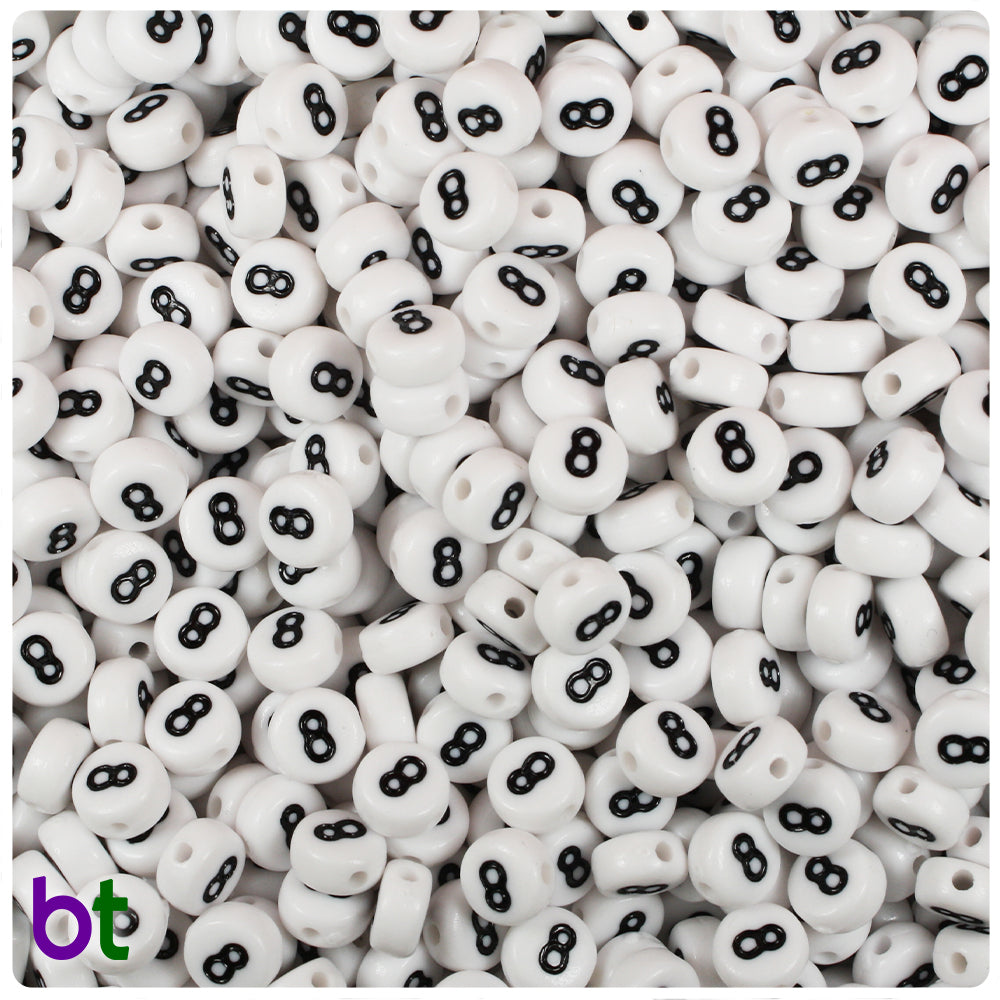 White Opaque 7mm Coin Alpha Beads - Black Number 8 (100pcs)